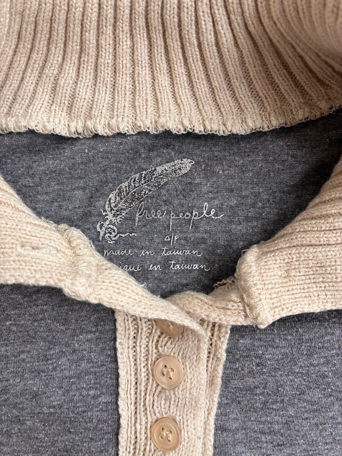 Free People Gray & Oatmeal Knit Henley Tunic Top | Elbow Patches | Size Small - Thumbnail 2