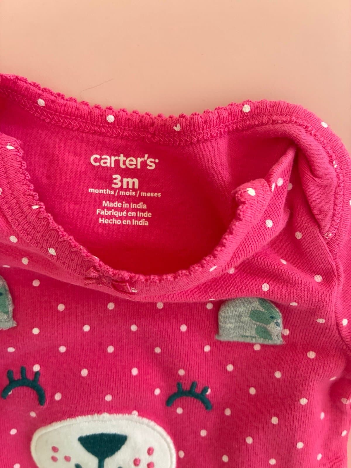 Carter’s Baby Girl Pink Bear Polka Dot Long Sleeve Onesie Bodysuit 3M - Thumbnail 2