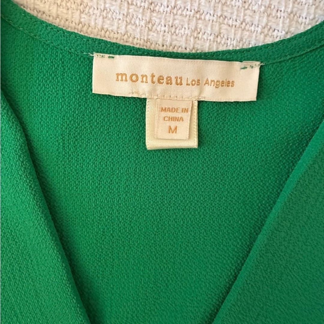 Monteau Los Angeles Green Faux Wrap Top Medium | Flutter Sleeve Peplum Blouse - Thumbnail 3