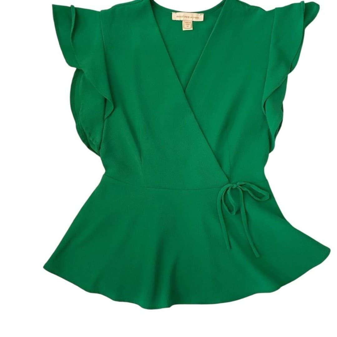 Monteau Los Angeles Green Faux Wrap Top Medium | Flutter Sleeve Peplum Blouse - Thumbnail 2