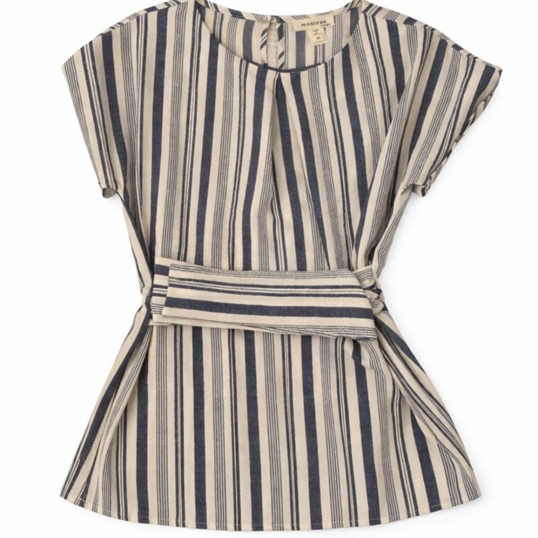 Monteau Striped Blouse Medium | Tie Waist Top Blue Cream | Boho Coastal - Thumbnail 2