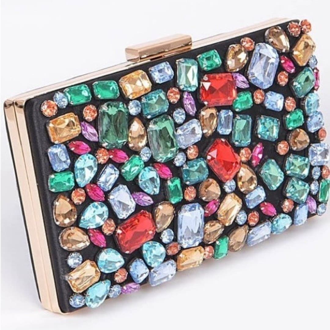 Multicolor Gemstone Clutch with Gold Chain - Thumbnail 2