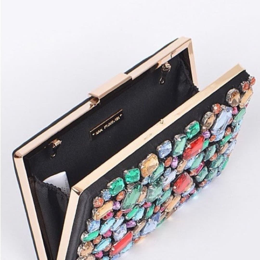 Multicolor Gemstone Clutch with Gold Chain - Thumbnail 3