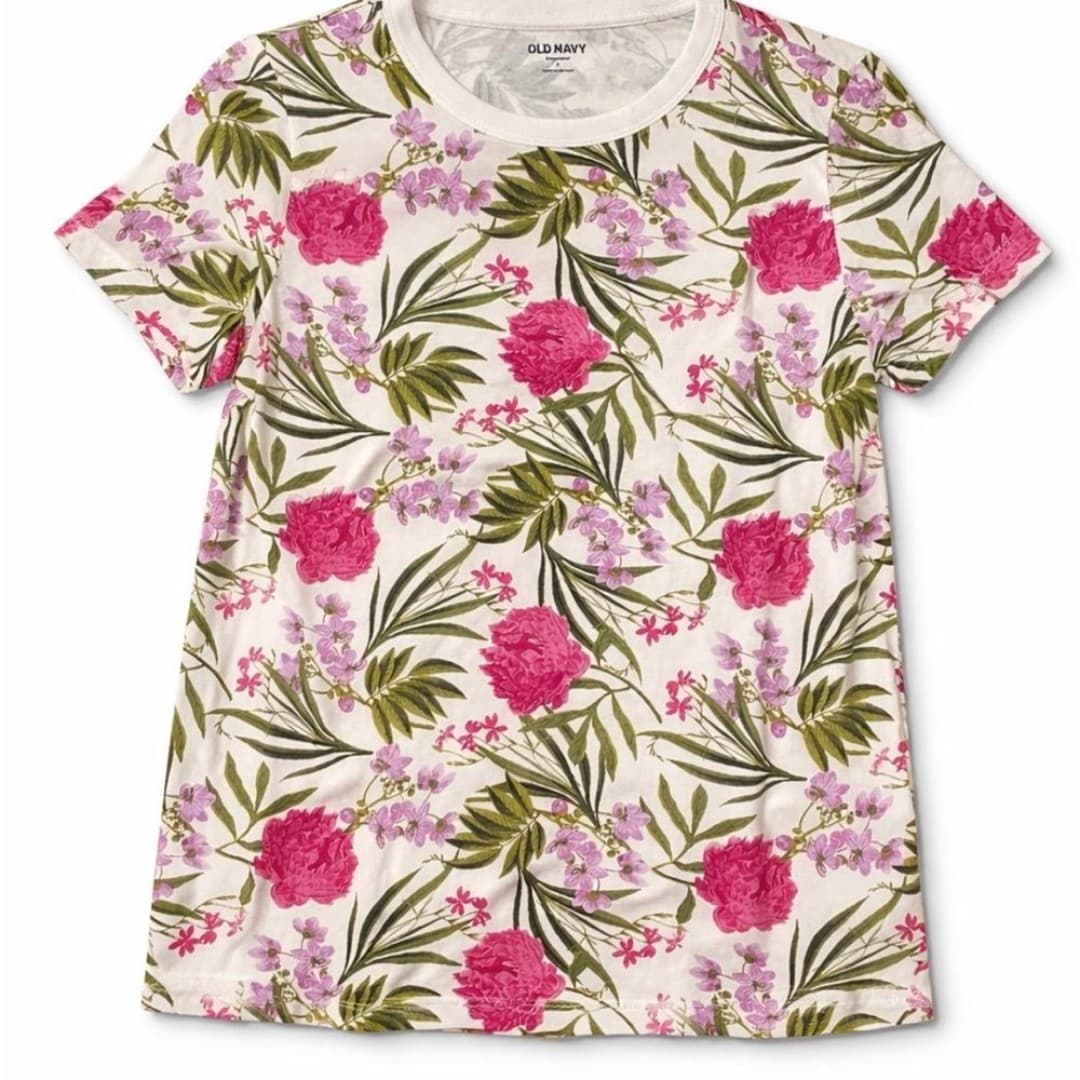 Old Navy White Short-Sleeve Tee with Pink Floral Print - Thumbnail 2