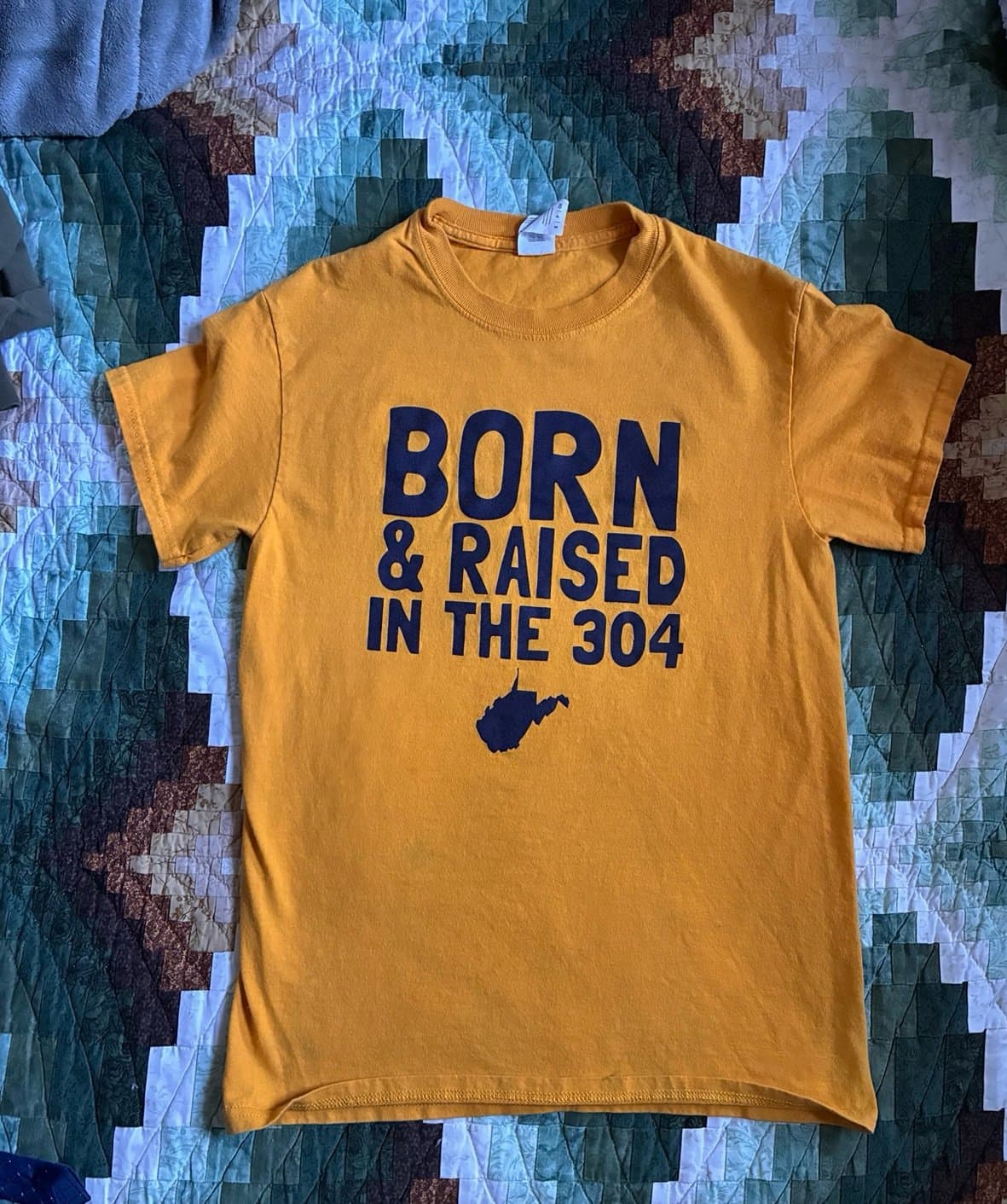 Born & Raised in the 304 Tee – Small – Gold and Blue WV Shirt - Thumbnail 2