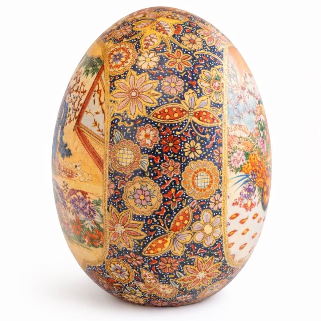 Large Vintage Satsuma Style Hand Painted Egg Vase — Crackle Glaze, Gold Detail - Thumbnail 4