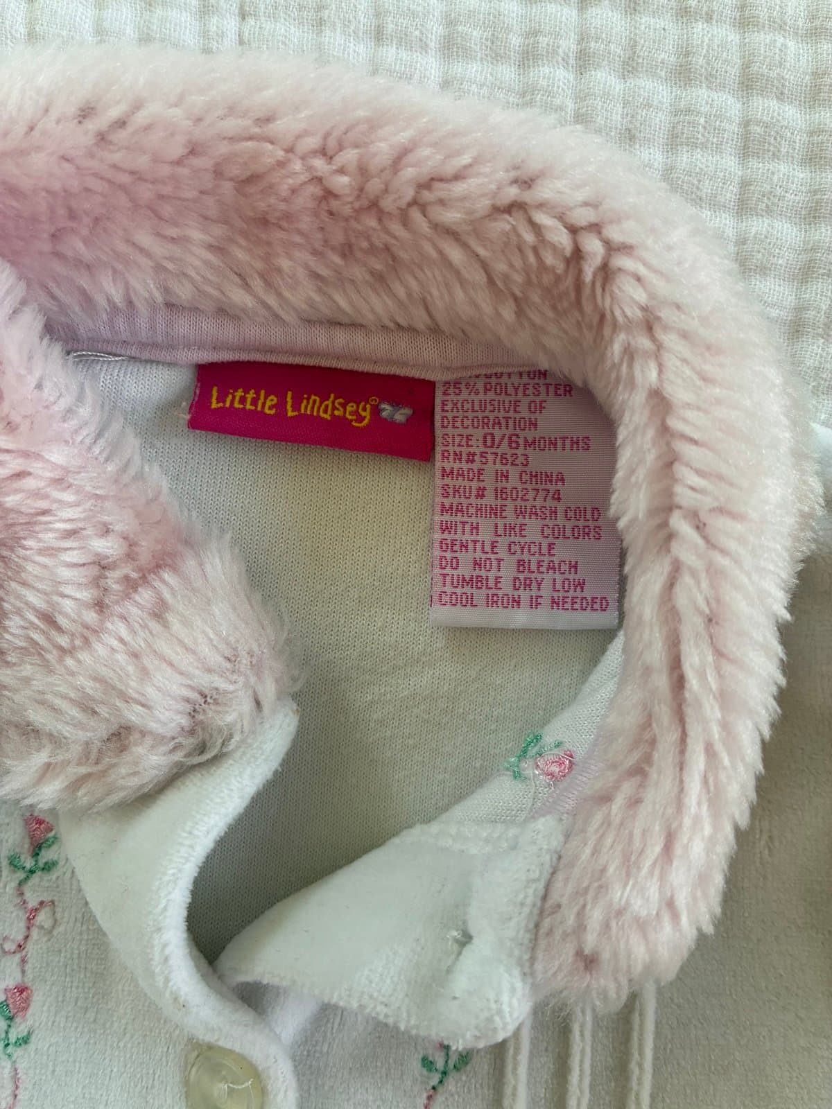 Little Lindsey Baby Girl Outfit 0-6M Pink Velour Faux Fur Collar Floral Cozy - Thumbnail 2