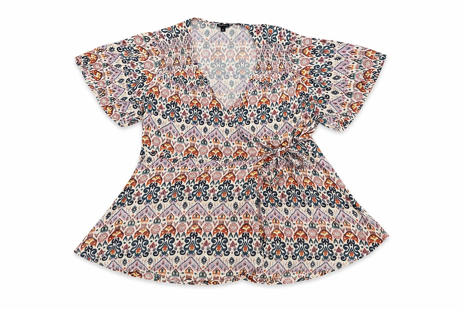 Torrid Size 2 (2X) Boho Ikat Print Faux Wrap Blouse Tie Front Flowy Top Plus - Thumbnail 2