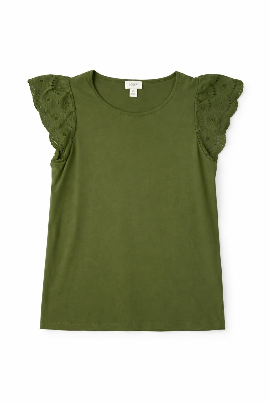J.Crew Olive Green Eyelet Flutter Sleeve Top XS Boho Lace Trim Tee - Thumbnail 2