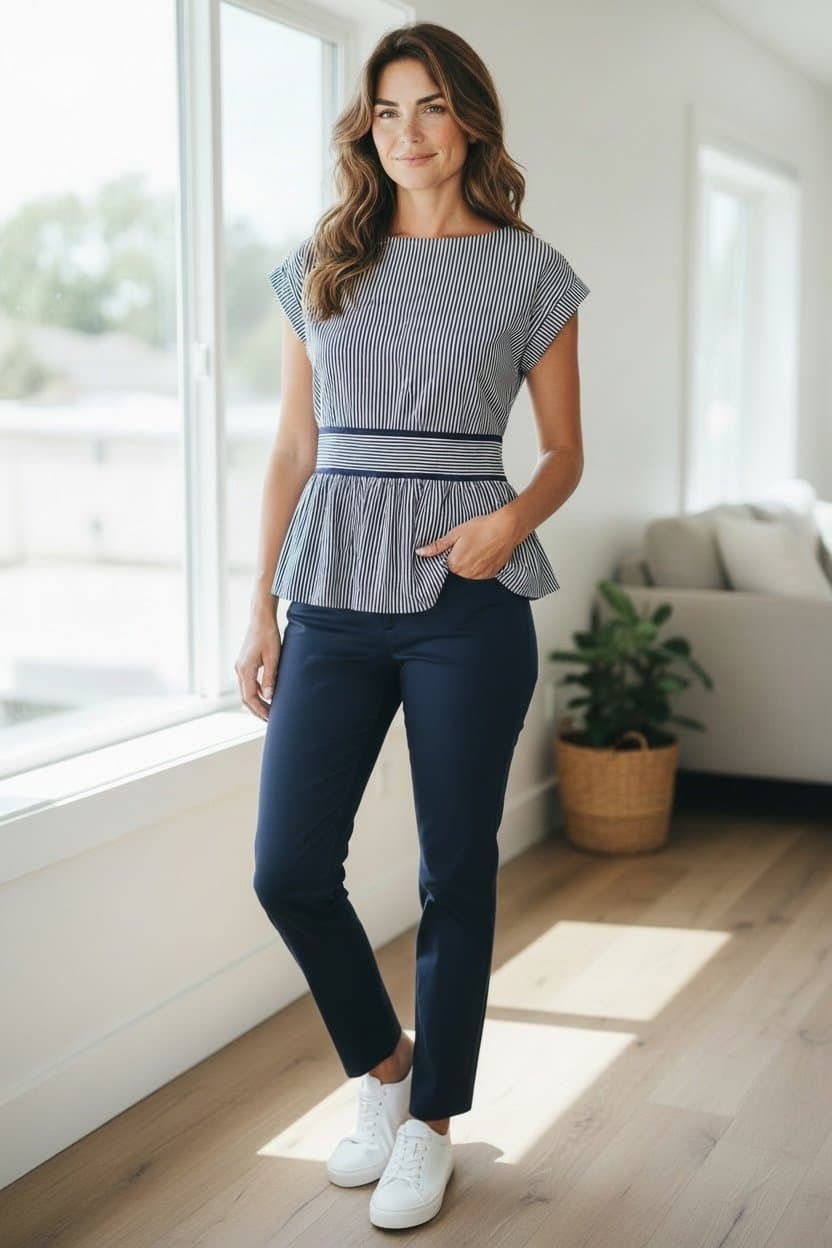 Monteau Los Angeles Striped Peplum Top Women’s Small Navy White Cap Sleeve - Thumbnail 4