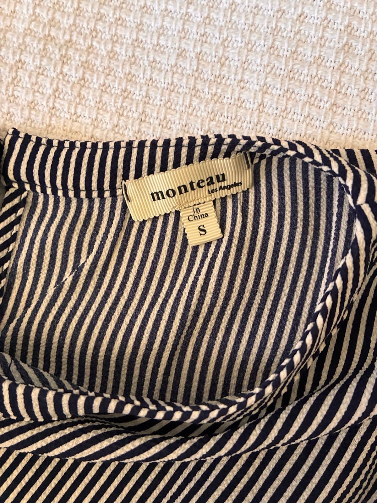 Monteau Los Angeles Striped Peplum Top Women’s Small Navy White Cap Sleeve - Thumbnail 3