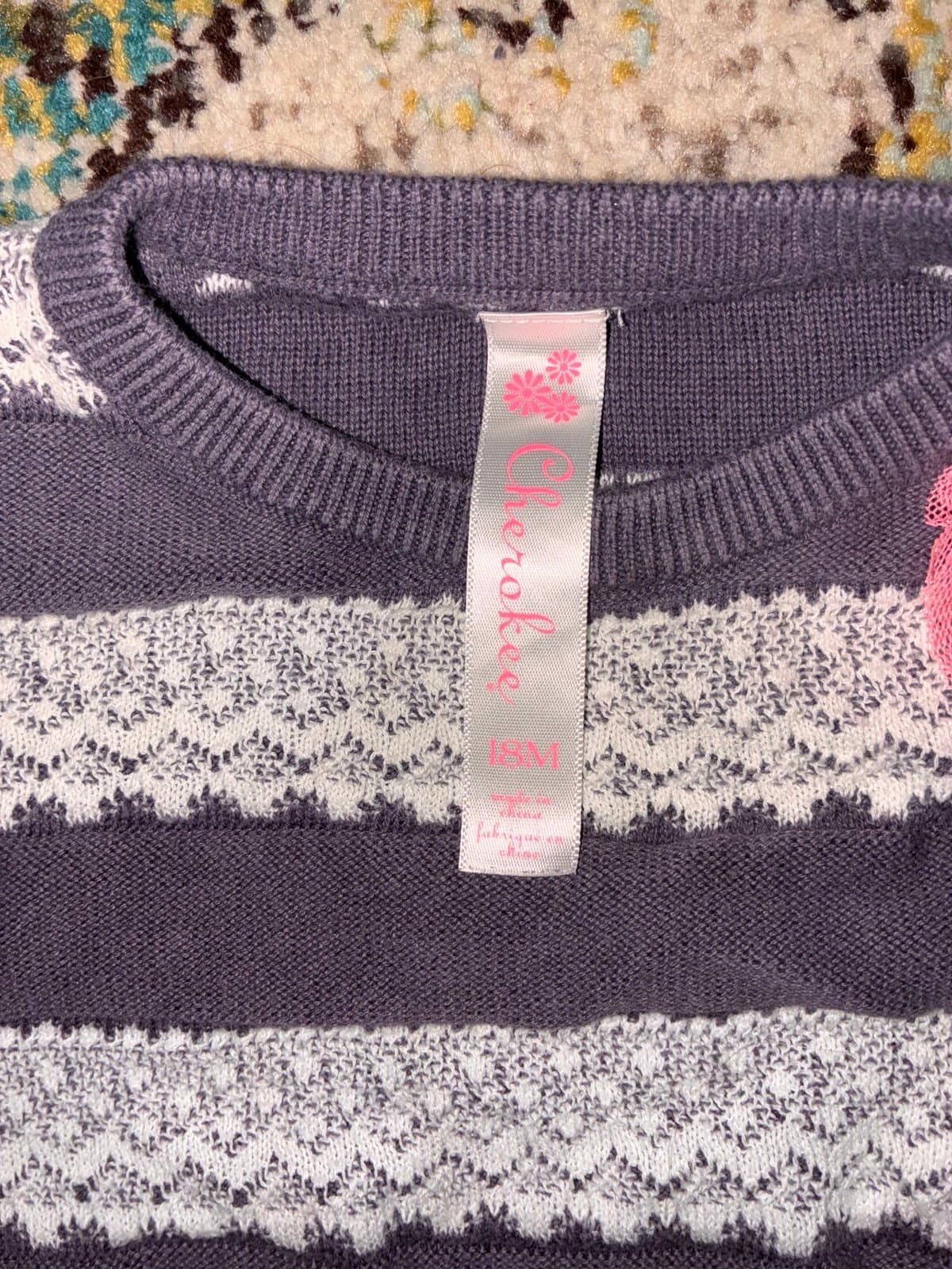 Cherokee 18M Girls Sweater Top Gray White Knit Ruffle Hem Pink Flower Toddler - Thumbnail 2