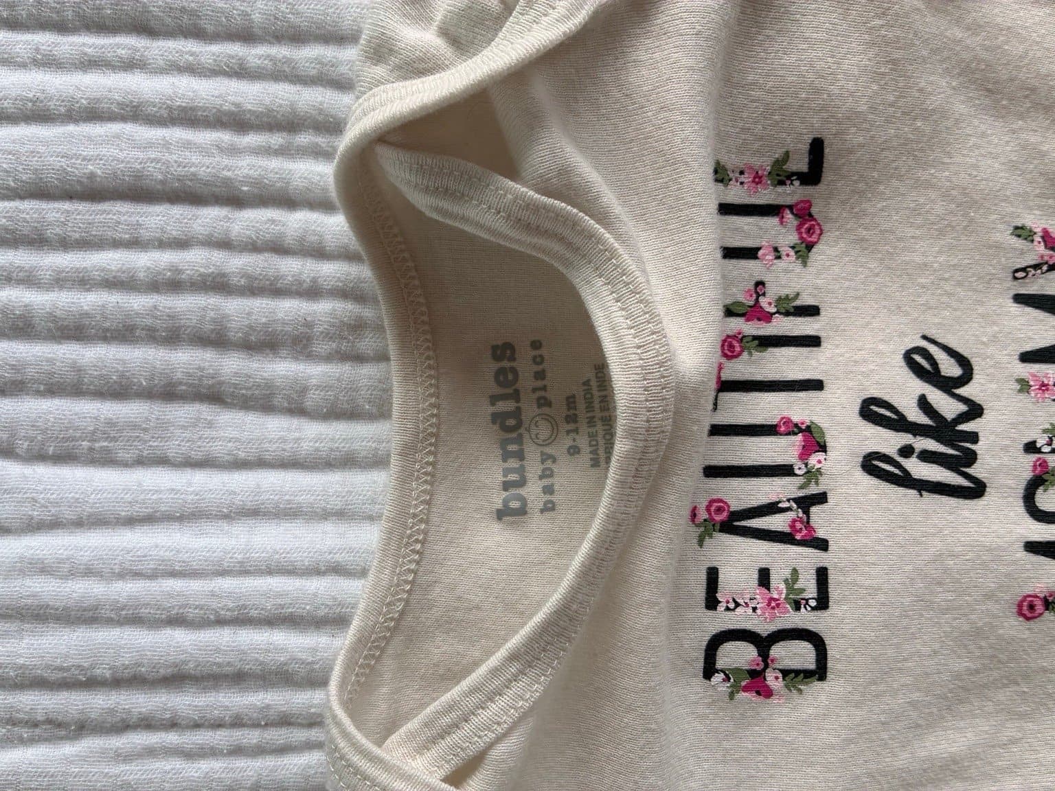 Baby Girl Outfit 9-12M “Beautiful Like Mommy” Cream Onesie, Floral Design - Thumbnail 2