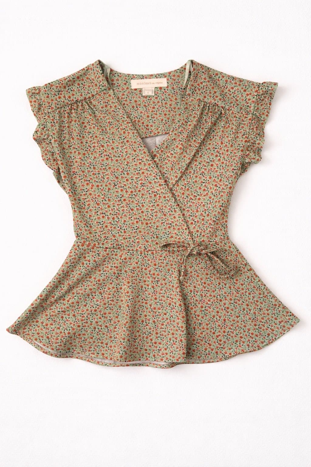 Monteau Los Angeles Floral Wrap Top Small Green Red Peplum Tie Waist Blouse - Thumbnail 2