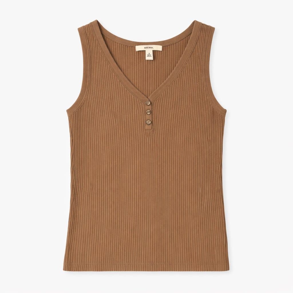 Merona Ribbed Brown Henley Tank Top Size Small Button Front Fitted Stretch Basic - Thumbnail 2