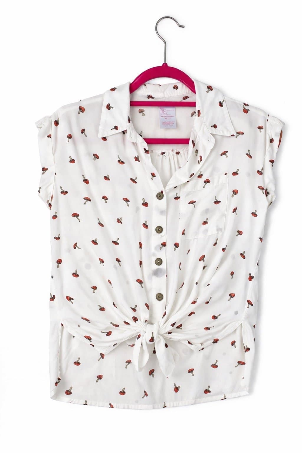 No Boundaries Mushroom Print Tie Front Blouse XS White Cottagecore Button Shirt - Thumbnail 2