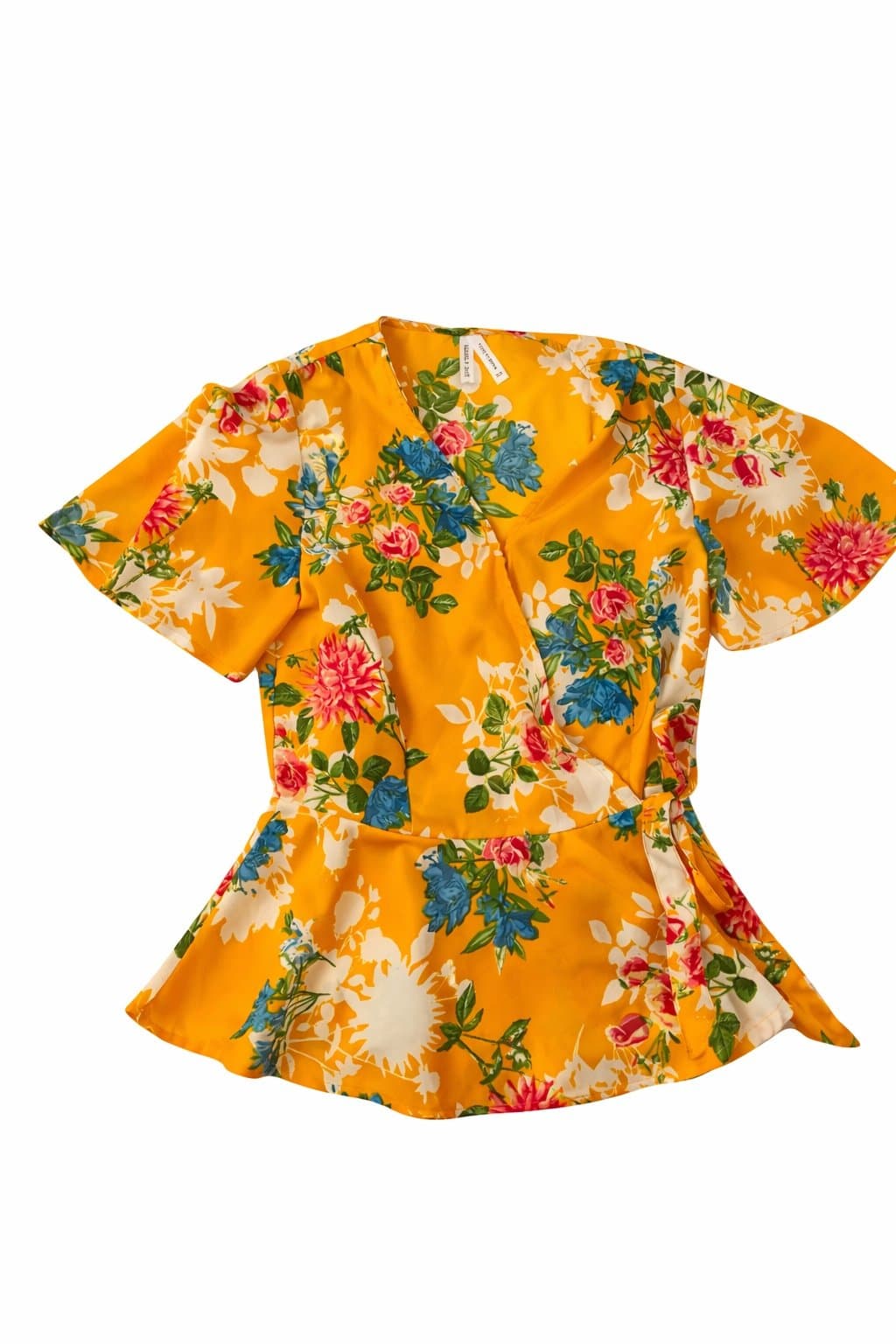 Live 4 Truth Floral Wrap Top XS Bright Golden Peplum Blouse Tie Waist Boho - Thumbnail 2