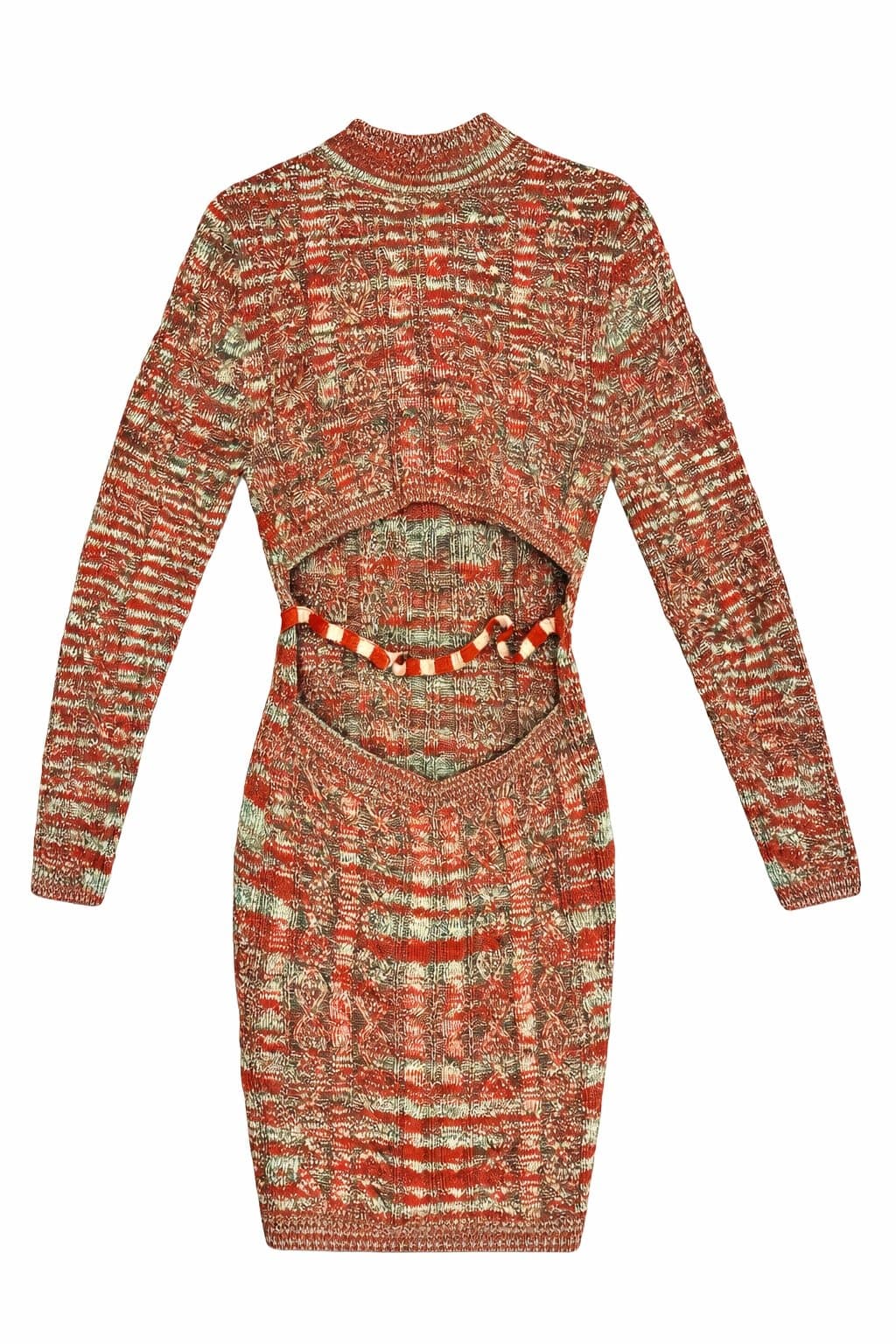 a ellen Knit Sweater Dress Rust Green Marled Long Sleeve Back Cutout Tie Boho - Thumbnail 2
