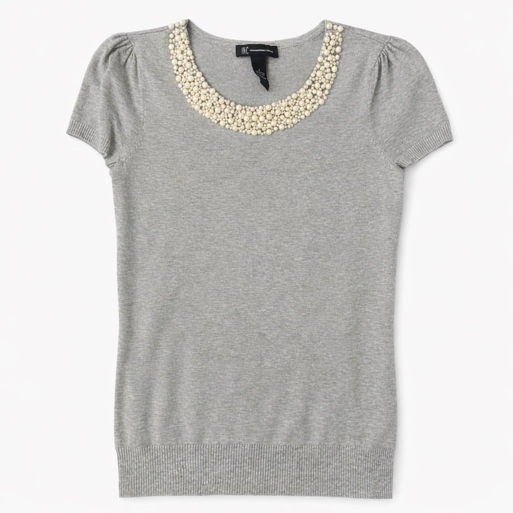 INC International Concepts Gray Pearl Embellished Sweater Top Size Small Elegant - Thumbnail 2