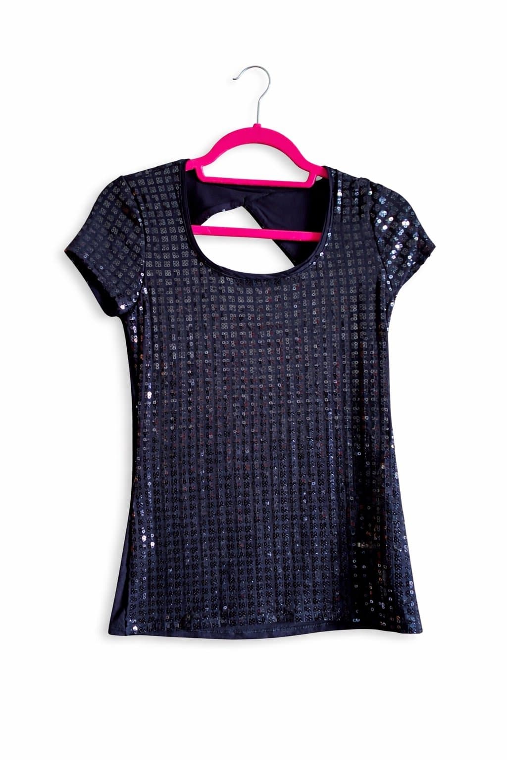 White House Black Market Sequin Top Small Navy Blue Short Sleeve Dressy Blouse - Thumbnail 2