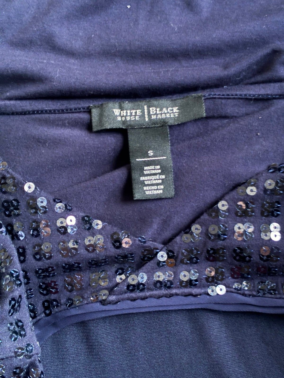 White House Black Market Sequin Top Small Navy Blue Short Sleeve Dressy Blouse - Thumbnail 3
