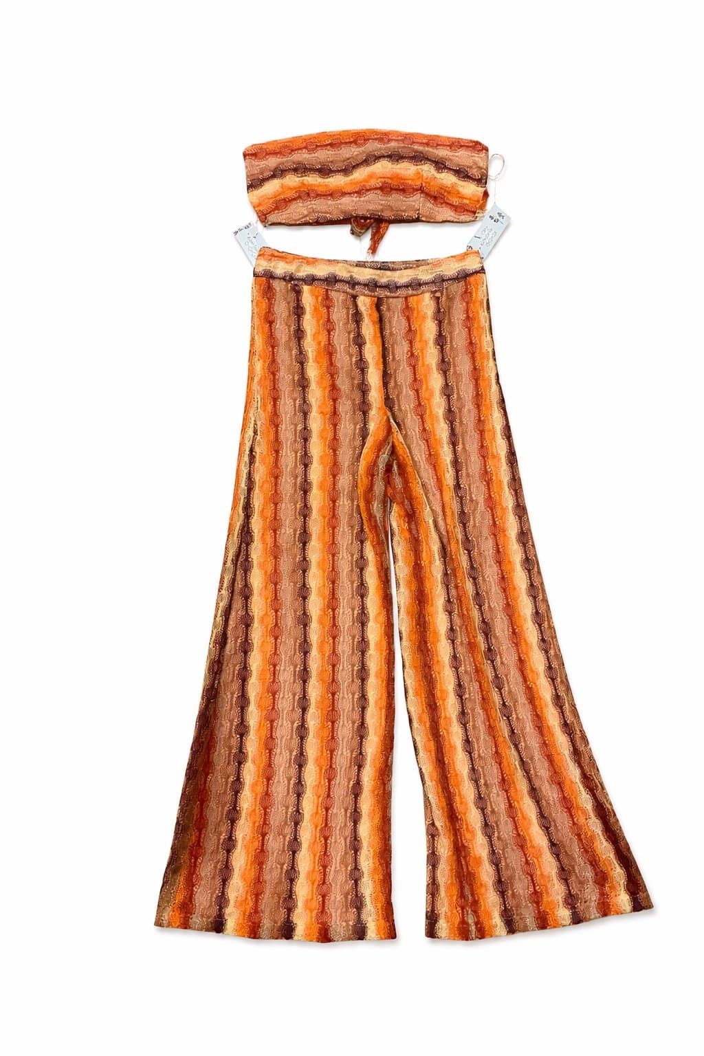 THE SANG Crochet Knit Two Piece Set Orange Boho Bandeau Top Wide Leg Pants L NWT - Thumbnail 2