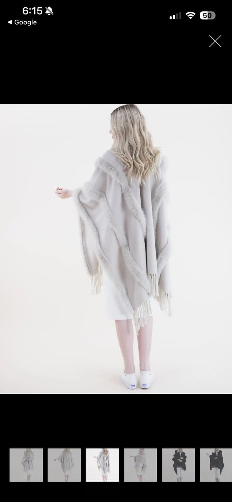 Original USA Faux Fur Trim Fringe Poncho Wrap Ivory Cream Boho Shawl NWT - Thumbnail 3