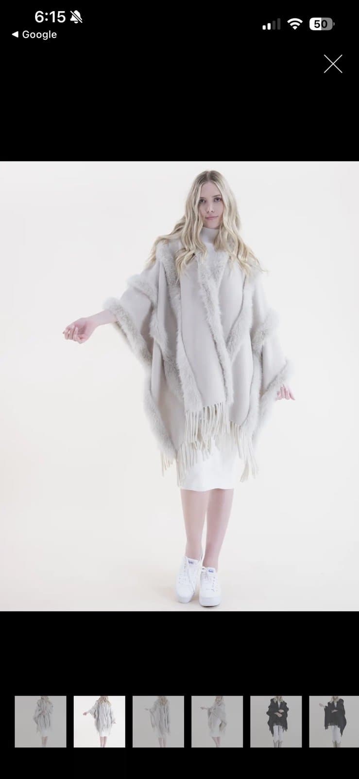 Original USA Faux Fur Trim Fringe Poncho Wrap Ivory Cream Boho Shawl NWT - Thumbnail 2
