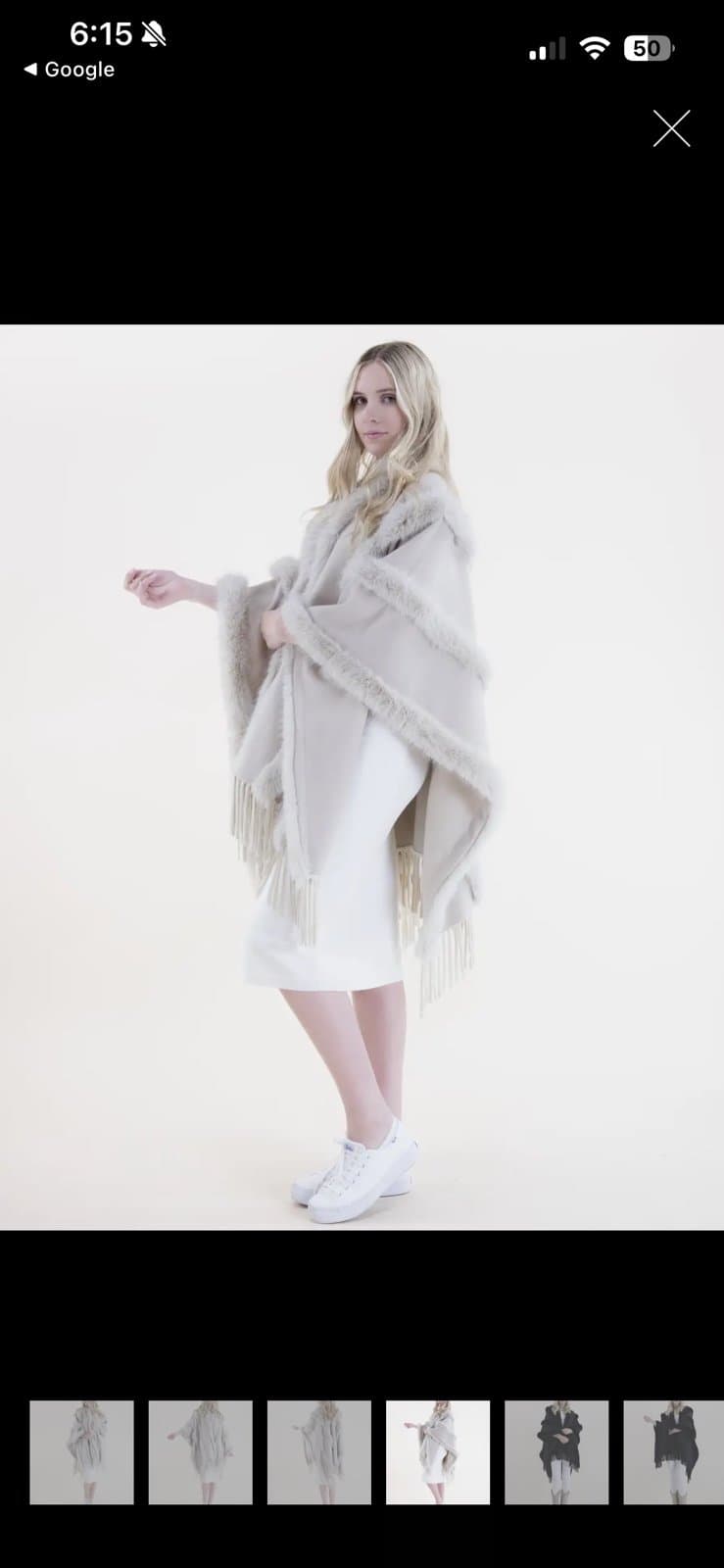 Original USA Faux Fur Trim Fringe Poncho Wrap Ivory Cream Boho Shawl NWT - Thumbnail 4