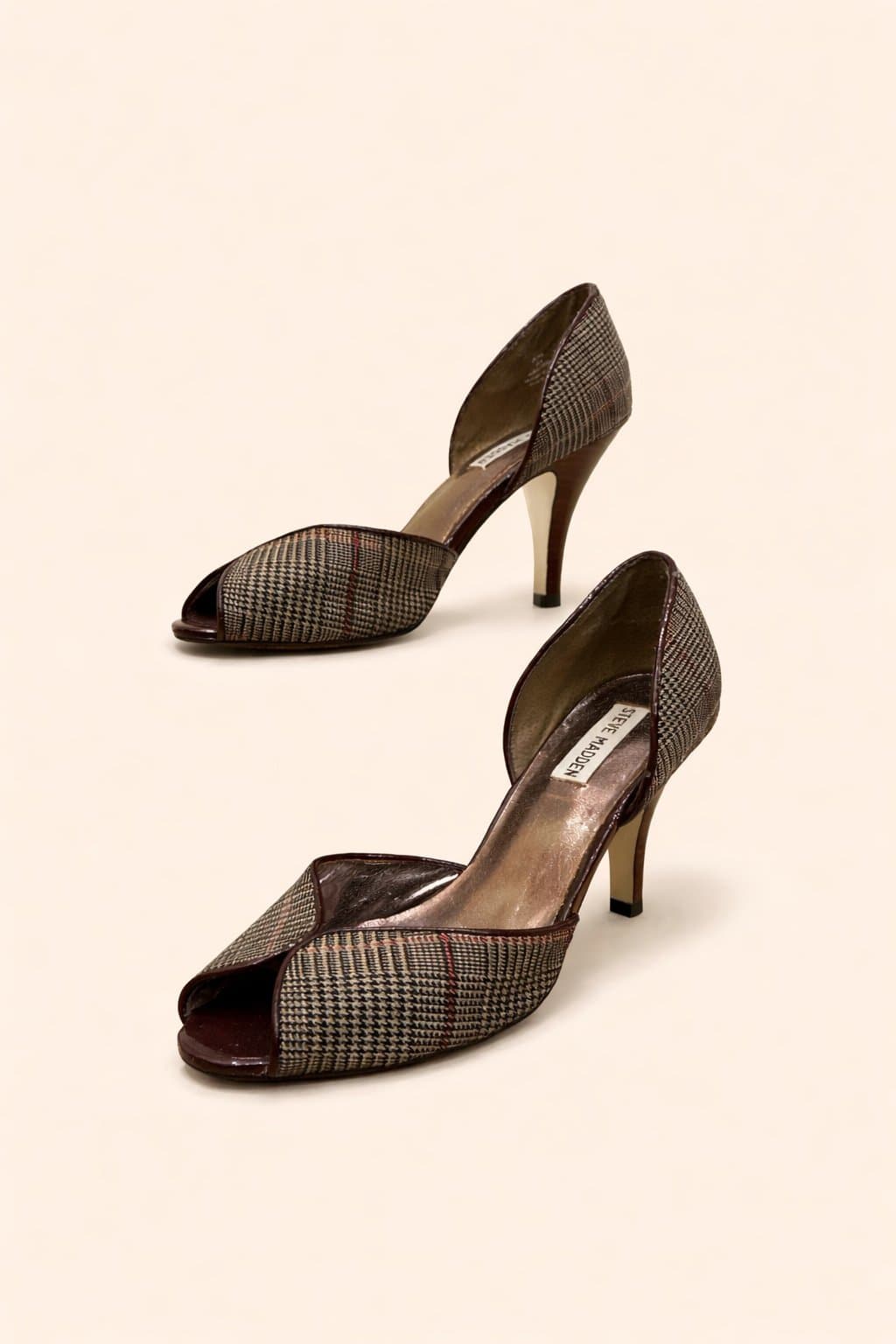 Steve Madden Houndstooth Peep Toe Heels – Brown Plaid – Size 9.5 - Thumbnail 3