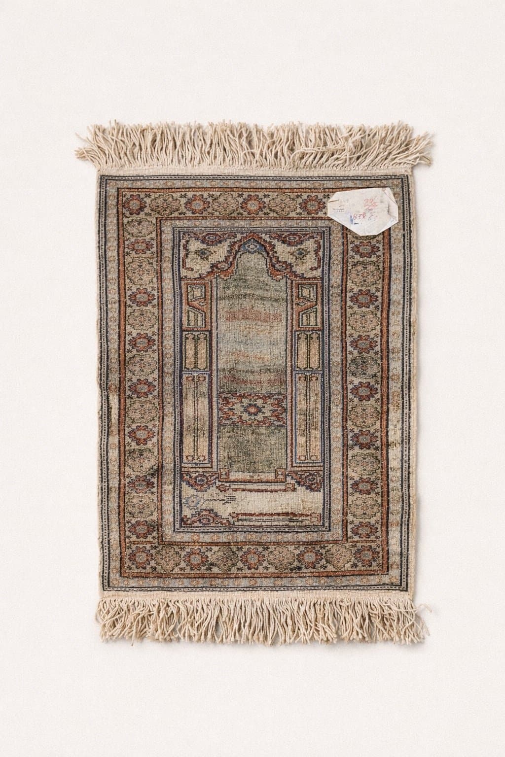Vintage Turkish Prayer Rug – Handmade Small Area Rug with Fringe Islamic Mihrab - Thumbnail 2