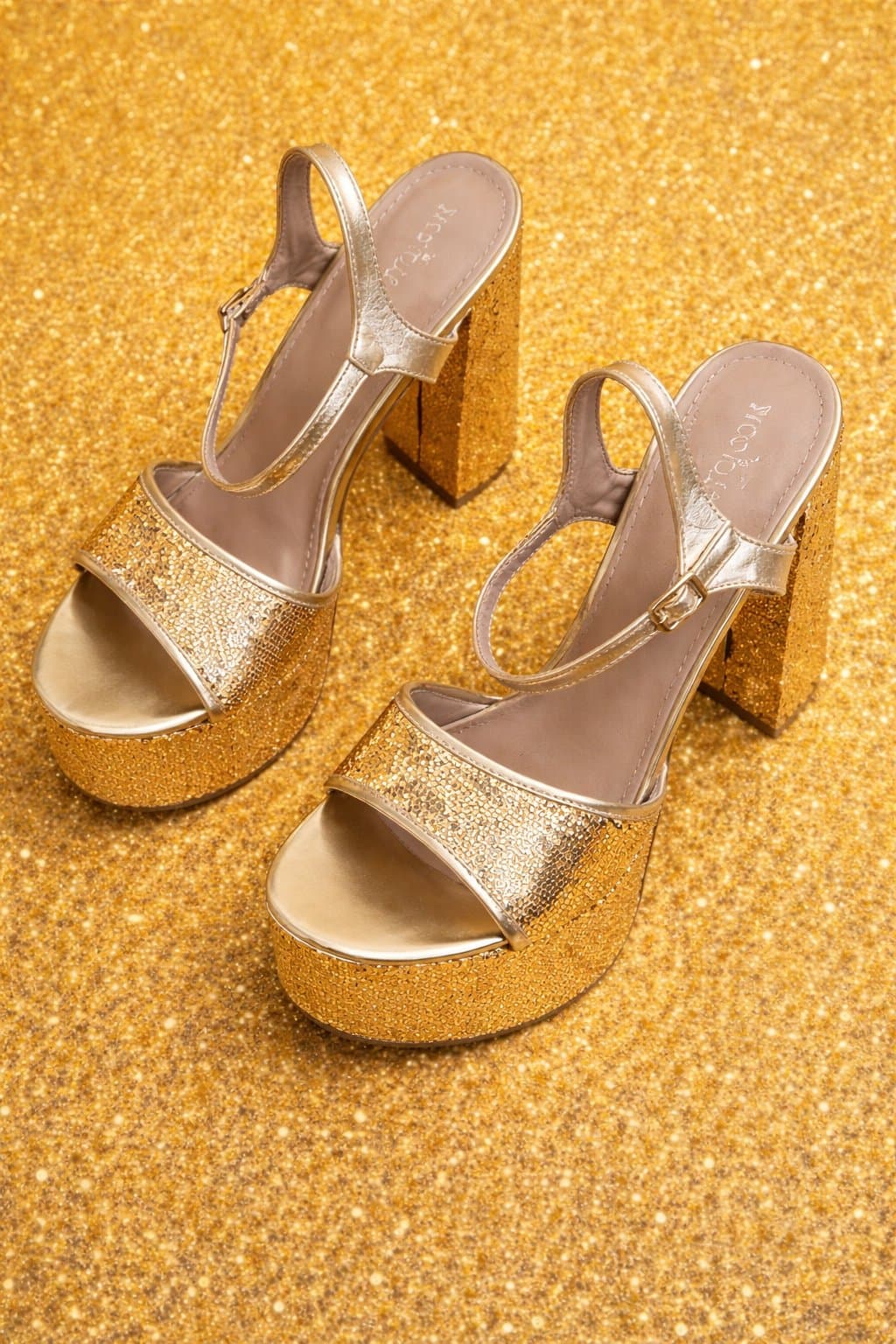 Top Moda Gold Platform Heels — Sequin Block Heel, Strappy Sandals size 8.5 - Thumbnail 2
