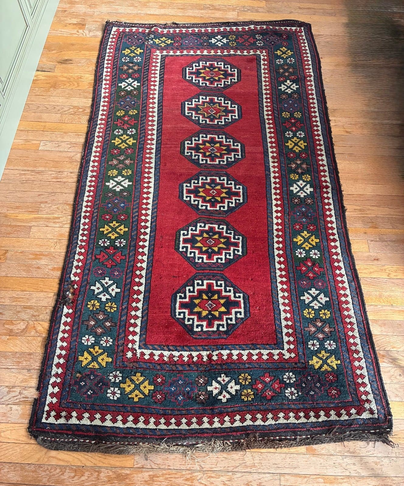 Vintage Kazak Rug 4x6 Hand Knotted Wool Tribal Caucasian Red Geometric Carpet - Thumbnail 2