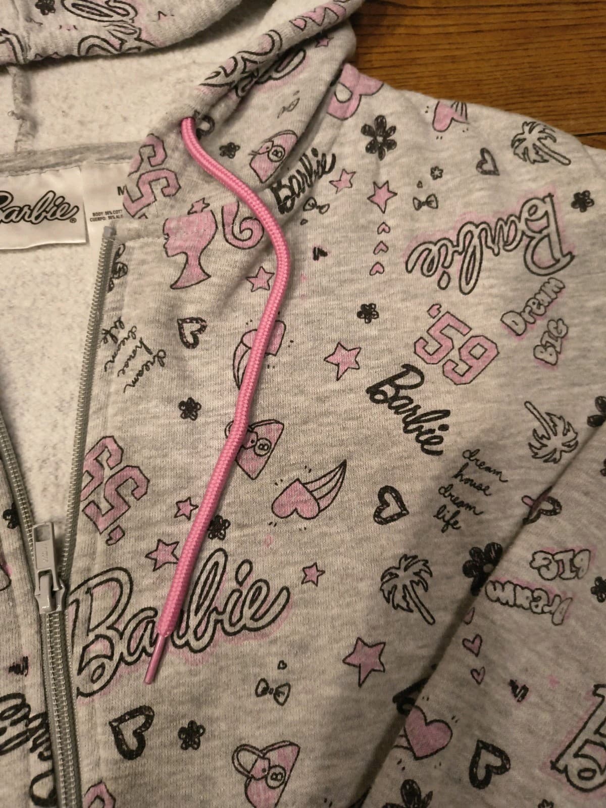 Barbie Jacket Hoodie Grey Pink Print Hoodie Zip Women Barbiecore Size Medium - Thumbnail 2