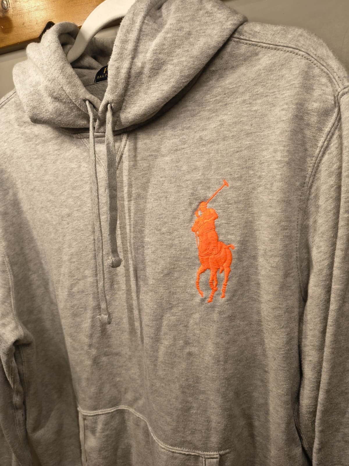 Polo Ralph Lauren Big Pony Hoodie Mens L Grey Orange Pullover Sweatshirt 3 Patch - Thumbnail 3