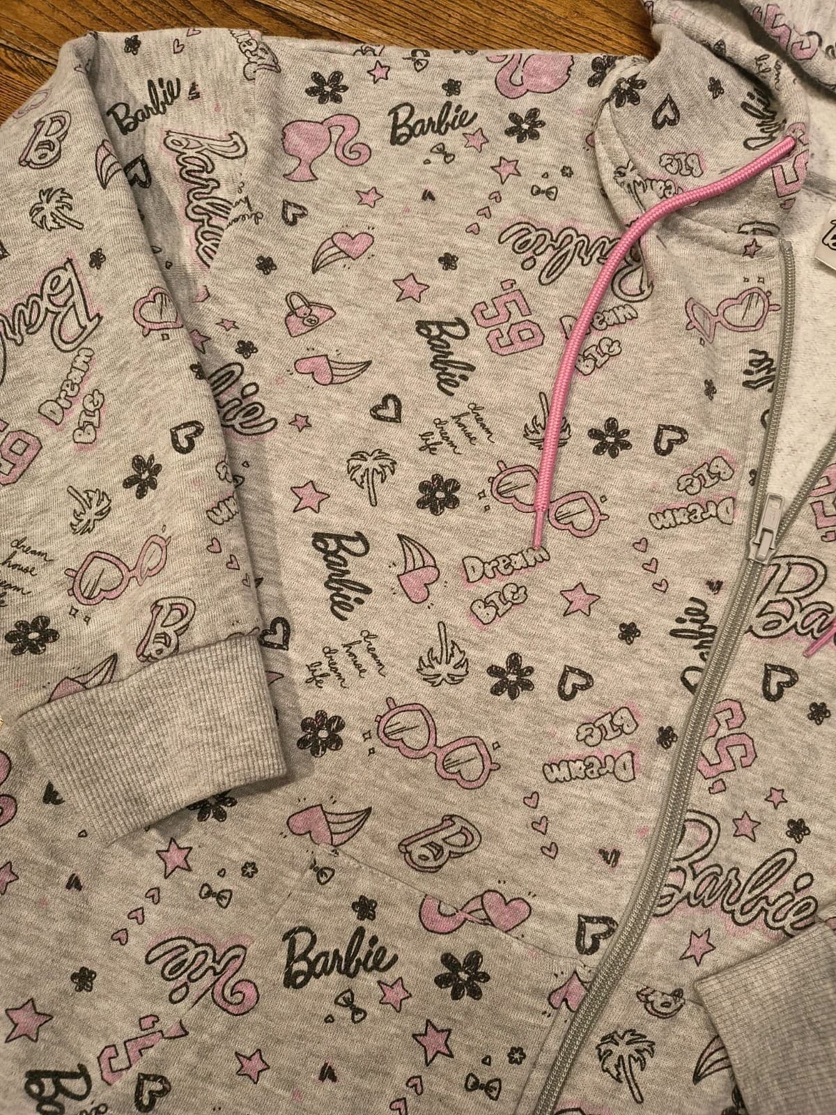 Barbie Jacket Hoodie Grey Pink Print Hoodie Zip Women Barbiecore Size Medium - Thumbnail 3