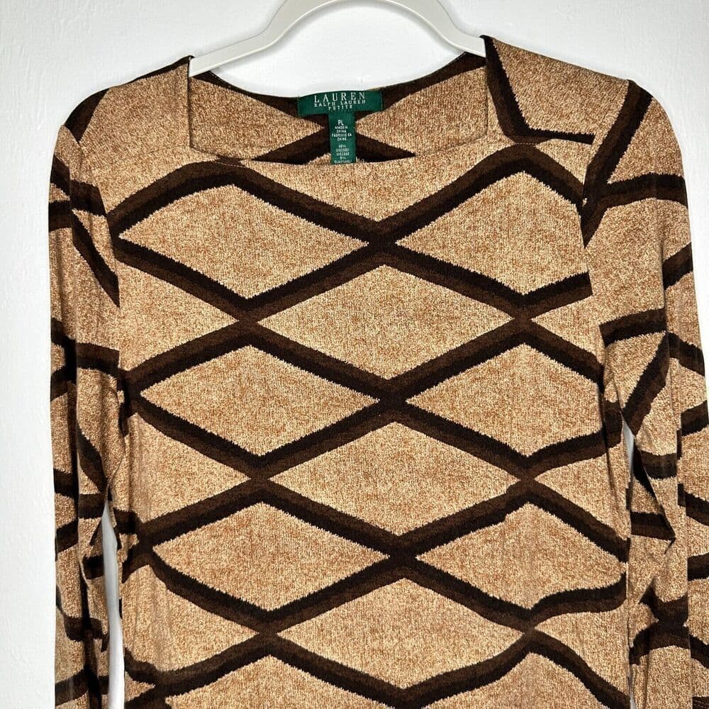 Lauren Ralph Lauren Blouse Women's Size PL Brown Geometric 3/4 Sleeve - Thumbnail 2