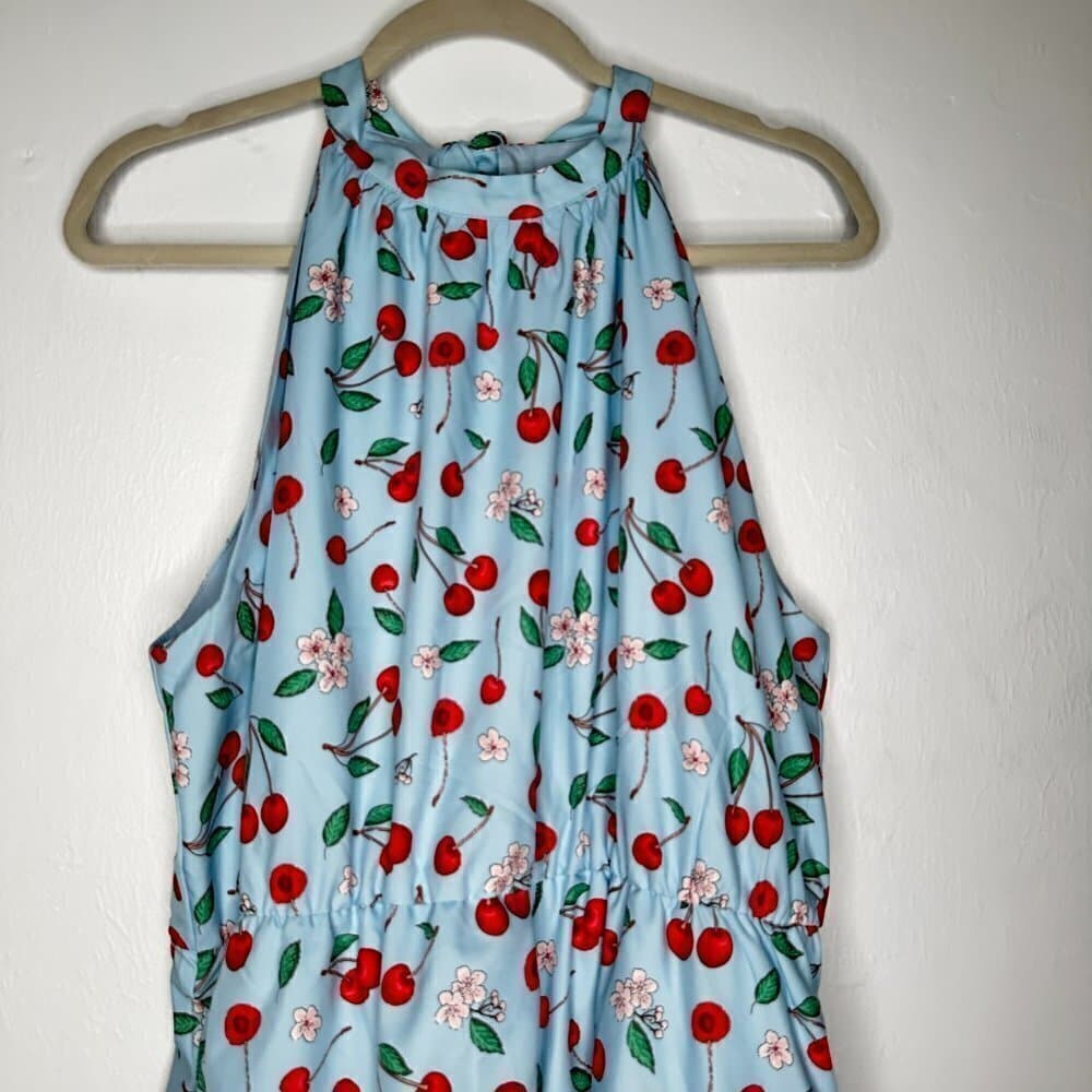 Belle Poque Elegant Retro High Neck Blue Cherry Sleeveless Dress Size 2XL NWT - Thumbnail 4