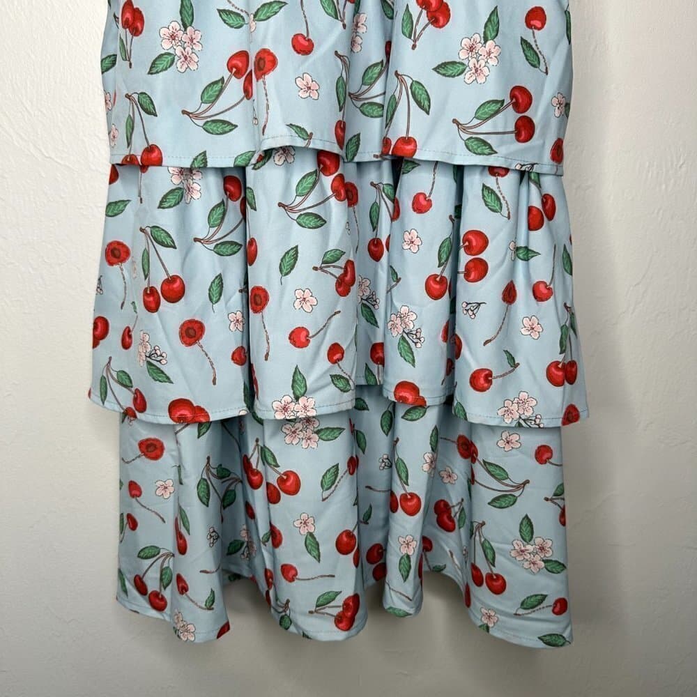 Belle Poque Elegant Retro High Neck Blue Cherry Sleeveless Dress Size 2XL NWT - Thumbnail 5