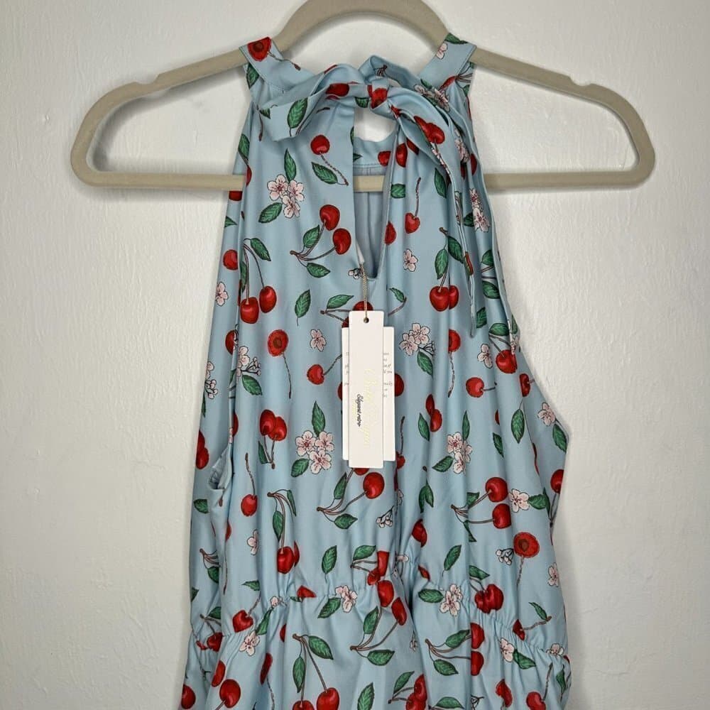 Belle Poque Elegant Retro High Neck Blue Cherry Sleeveless Dress Size 2XL NWT - Thumbnail 6