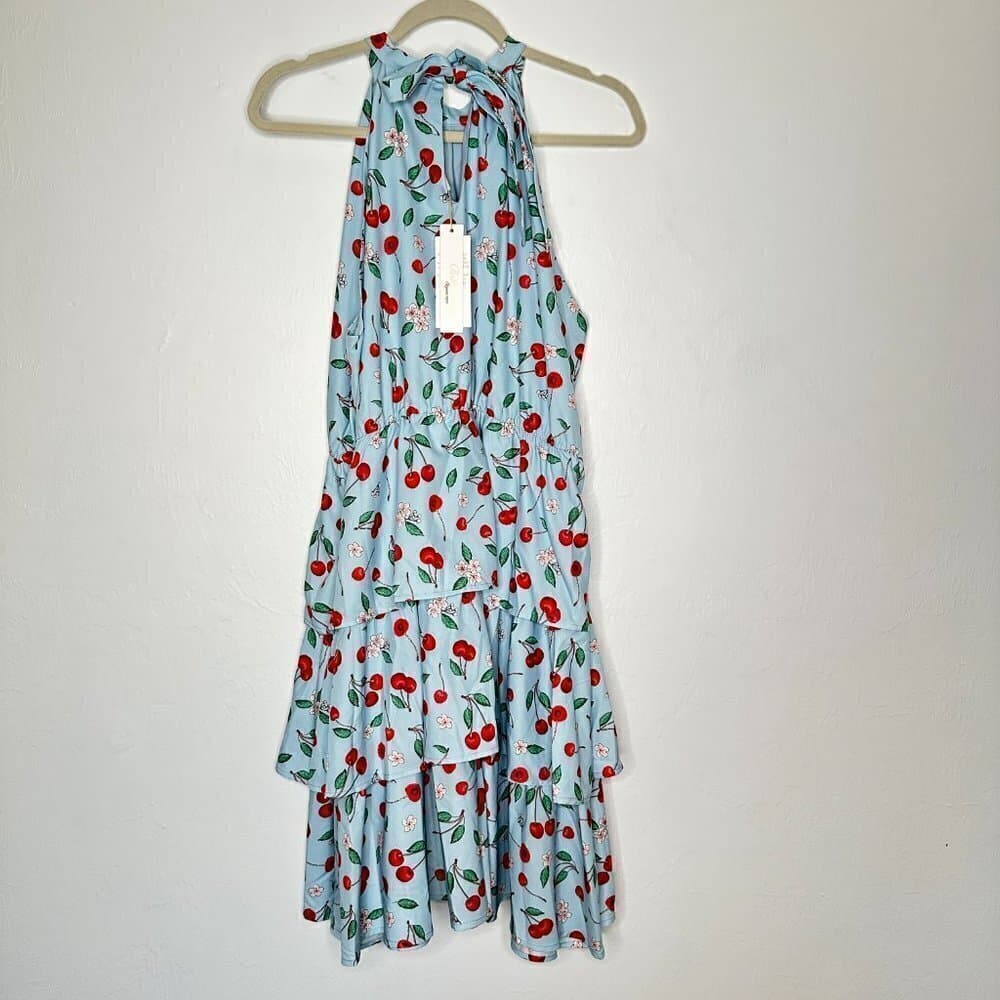 Belle Poque Elegant Retro High Neck Blue Cherry Sleeveless Dress Size 2XL NWT - Thumbnail 7