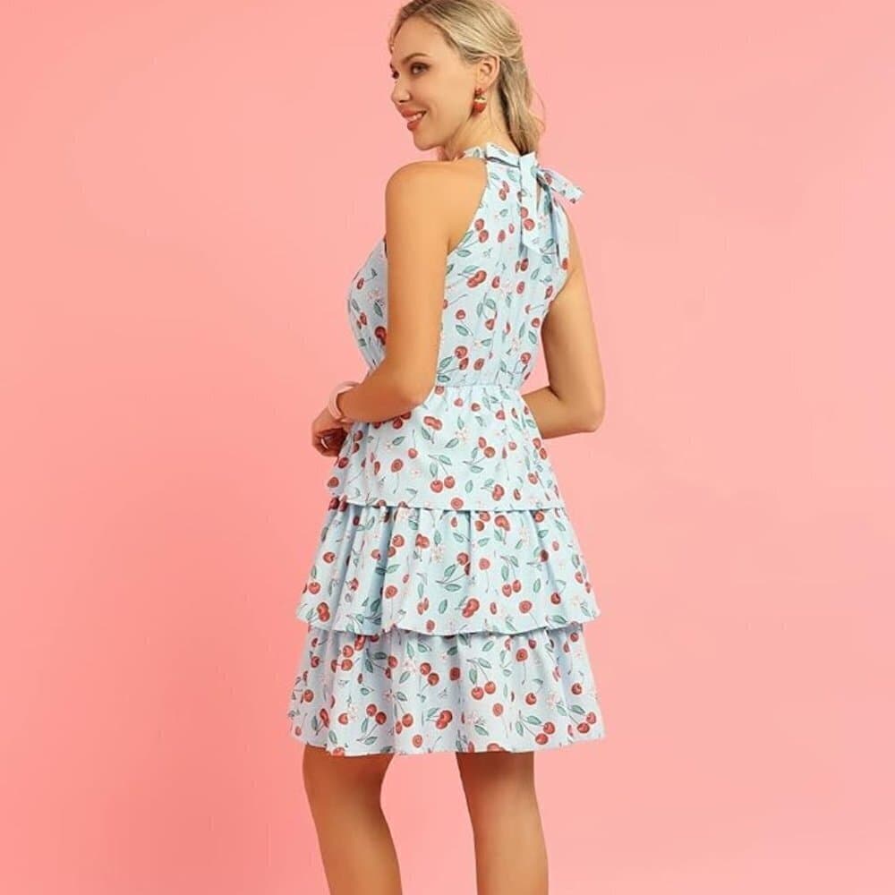Belle Poque Elegant Retro High Neck Blue Cherry Sleeveless Dress Size 2XL NWT - Thumbnail 2
