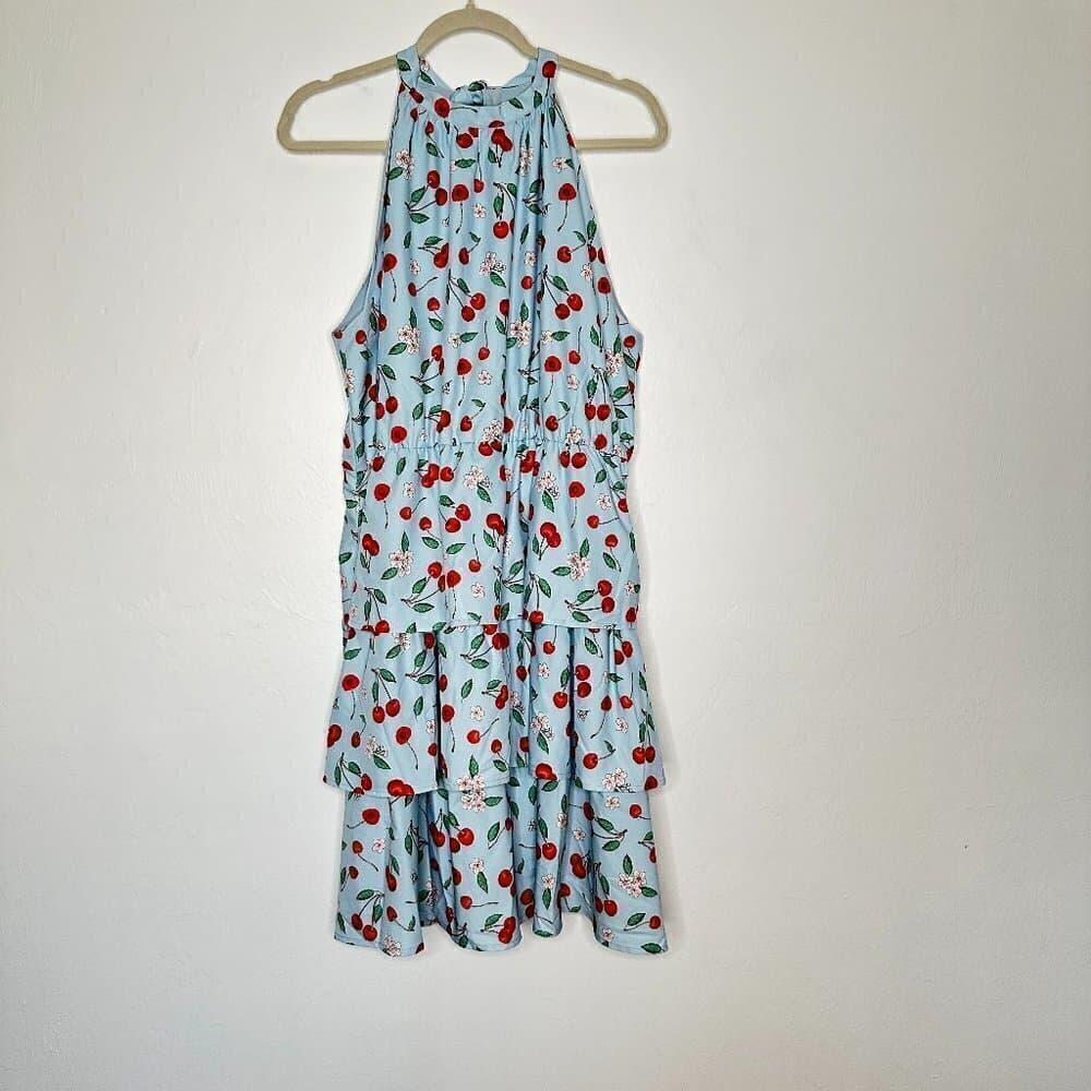 Belle Poque Elegant Retro High Neck Blue Cherry Sleeveless Dress Size 2XL NWT - Thumbnail 3