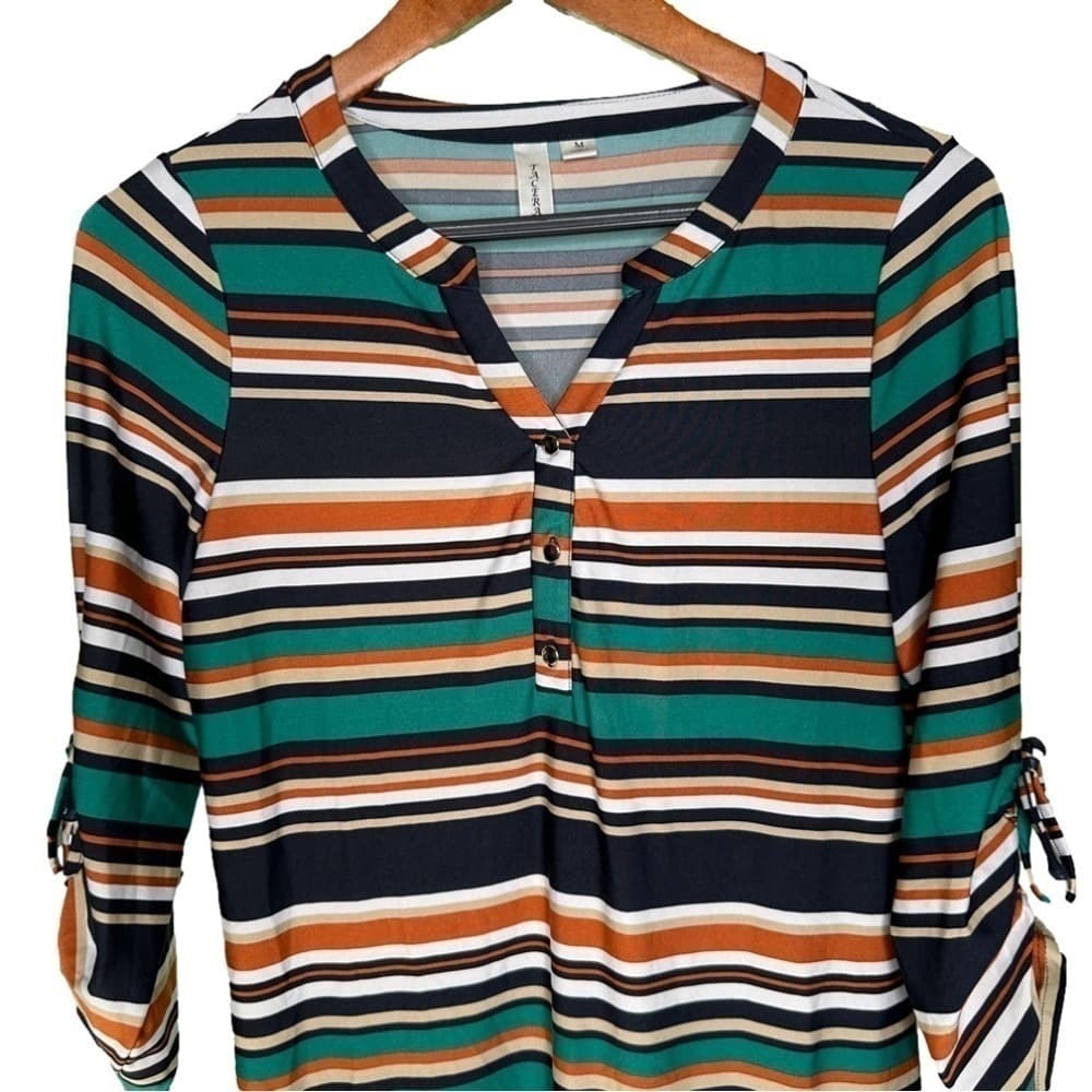 Tacera Size M Striped 3/4 Sleeve V-Neck Dress - Thumbnail 2