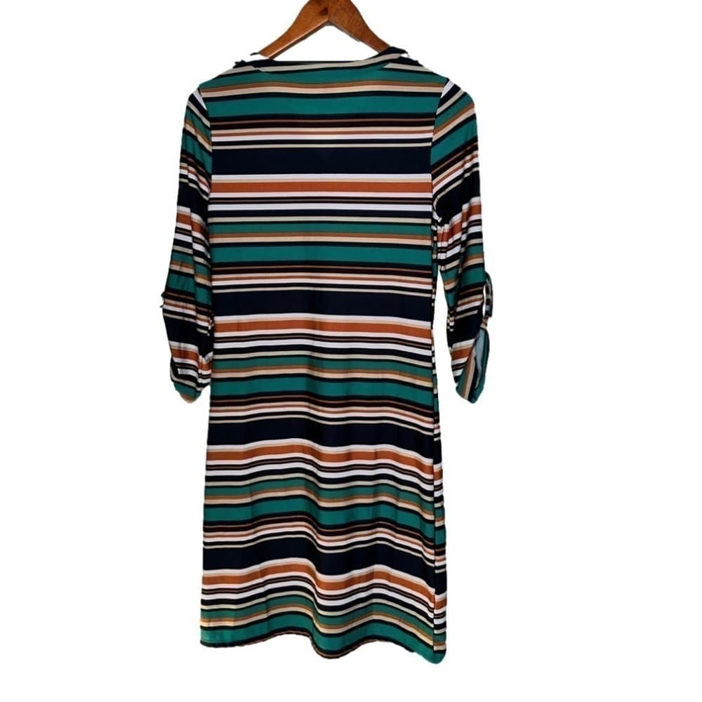 Tacera Size M Striped 3/4 Sleeve V-Neck Dress - Thumbnail 3