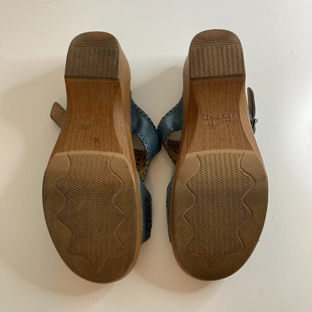 Dansko Sapphire Blue Leather Laser Cutout Buckle Slip on Sandals, Wooden Size 41 - Thumbnail 5