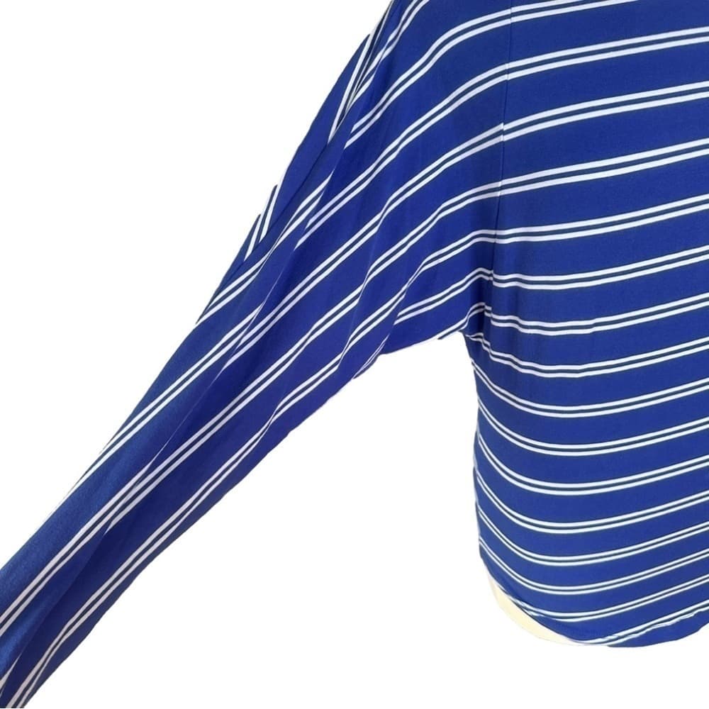 FREE People Size S Blue Stripe High Neck Keyhole Back Long Sleeves - Thumbnail 3