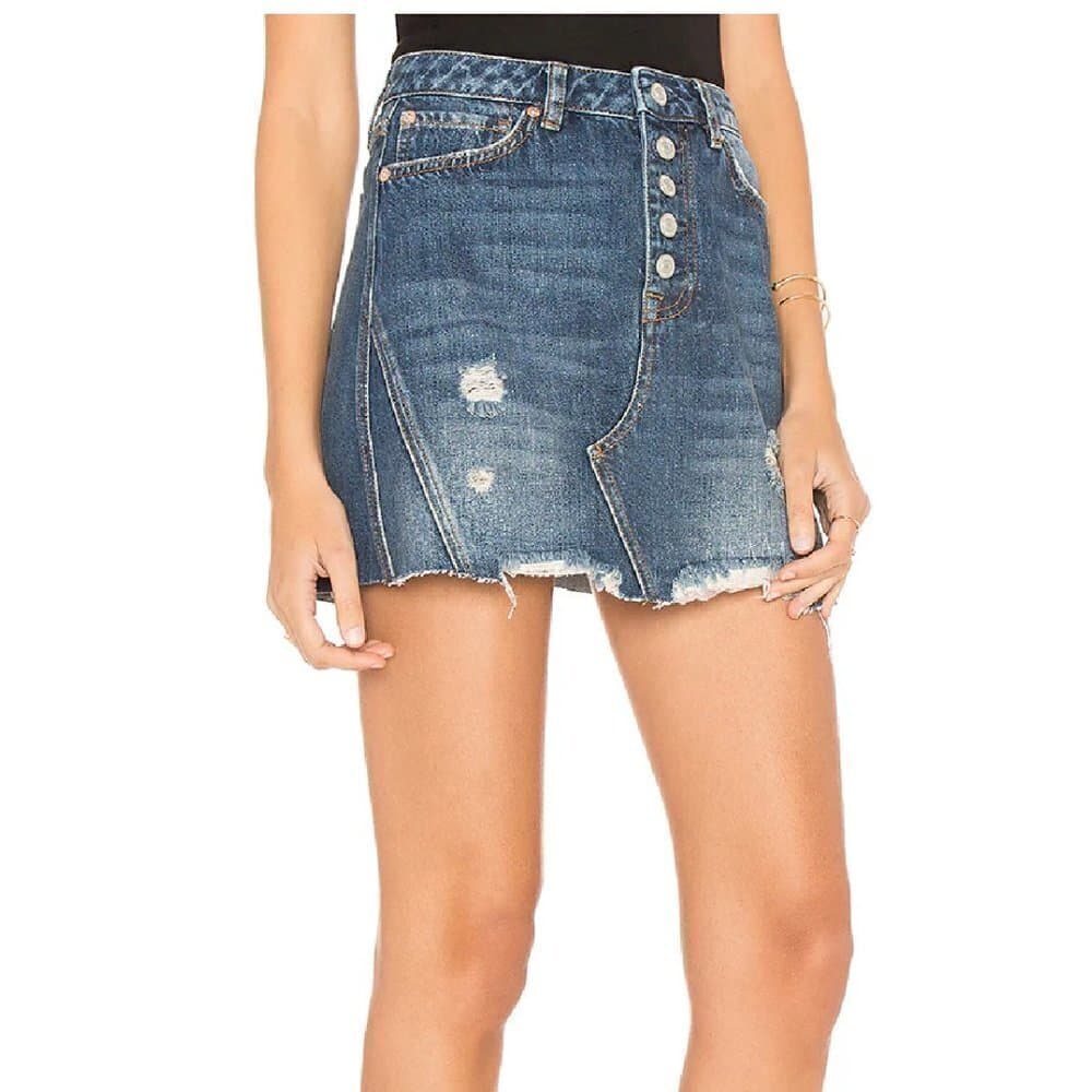 FREE People We the Free From Revolve Button Up Distressed Jean Skirt Size 26 - Thumbnail 2