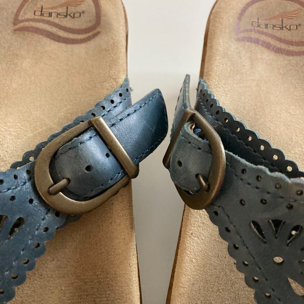 Dansko Sapphire Blue Leather Laser Cutout Buckle Slip on Sandals, Wooden Size 41 - Thumbnail 8