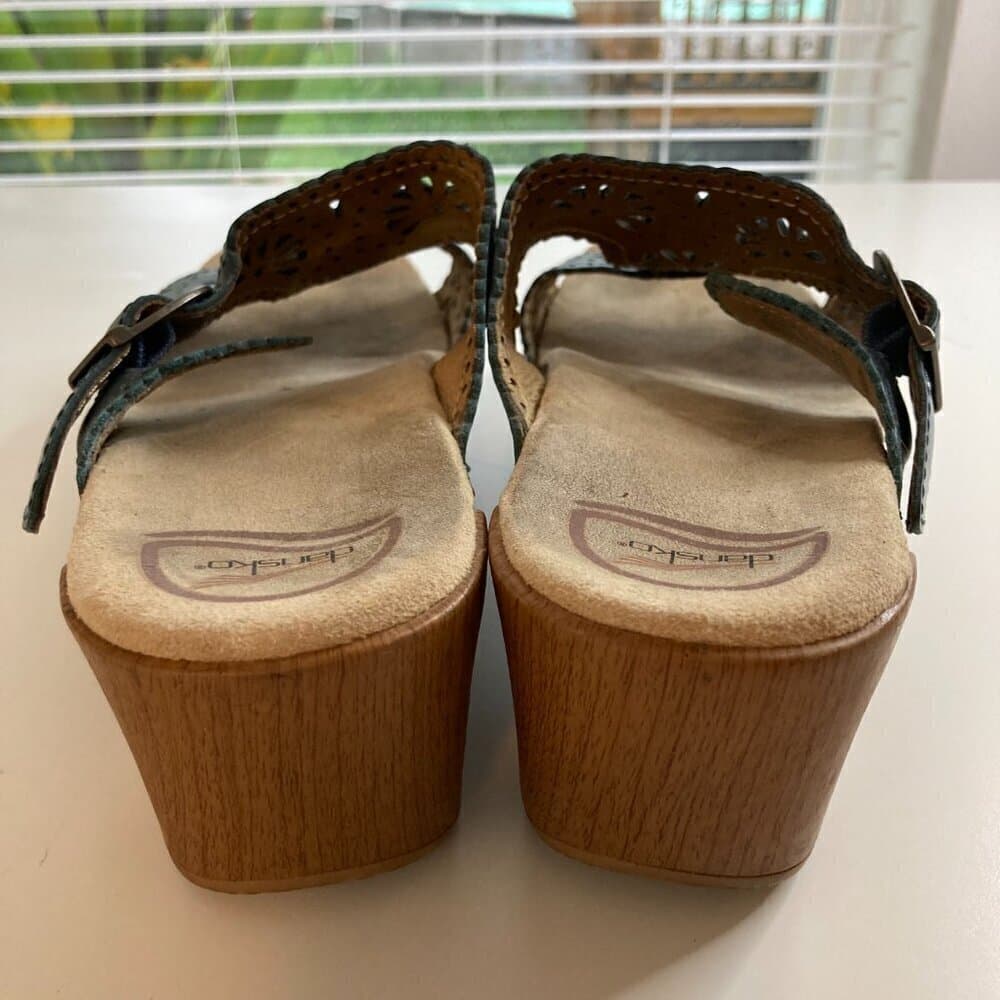 Dansko Sapphire Blue Leather Laser Cutout Buckle Slip on Sandals, Wooden Size 41 - Thumbnail 3